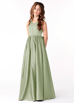 Azazie Hathaway Junior A-Linie Schleifen Stretch-Satin Kleid Staubiger Salbeigrün image3