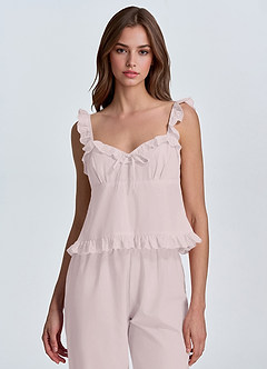 front Woven Cotton Eyelet Ruffle Cami & Wide Leg Pants Cotton Pajama Set