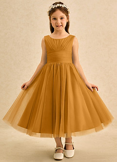 Azazie Macaron Jurken voor bloemenmeisjes A-Lijn Jurk van Tule Geplooid Boterbabbelaar image3