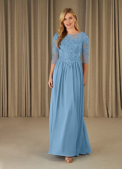 Azazie Mirielle Kleider für die Brautmutter A-Linie Schaufel Spitze Chiffon Kleid Stahlblau image1