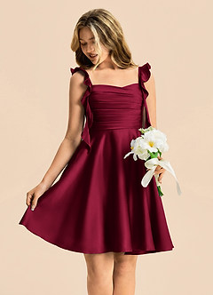 Azazie Kira Junior Burgundy A-Line Ruched Stretch Satin Dress image4