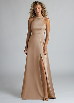 Azazie Clarice Bridesmaid Dresses Taupe A-Line High Neck Stretch Satin Dress image4