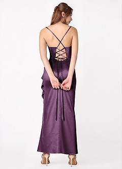 Azazie Ella Bridesmaid Dresses Plum Sheath Side Slit Metallic Satin Dress image2