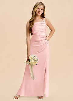 Azazie Nova Junior Powder Pink Sheath Pleated Stretch Satin Dress image5