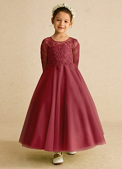 Azazie Precious Flower Girl Dresses Pomegranate A-Line Lace Tulle Dress image4