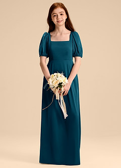 Azazie Briar Junior Ink Blue A-Line Bow Stretch Satin Dress image1