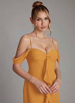 Azazie Karmela Bridesmaid Dresses Butterscotch A-Line Off the Shoulder Chiffon Dress image3