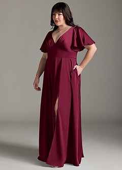 Azazie Kimber Bridesmaid Dresses Burgundy A-Line Ruched Stretch Satin Dress image10