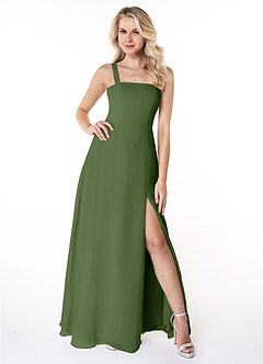 Azazie Jay Bridesmaid Dresses Olive A-Line Square Neckline Side Slit Chiffon Dress image1