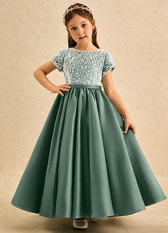 Azazie Cashew Flower Girl Dresses Eucalyptus Ball-Gown with Sleeves Matte Satin Dress image2