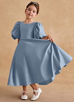 Azazie Sugarplum Flower Girl Dresses Dusty Blue A-Line with Sleeves Matte Satin Dress image5