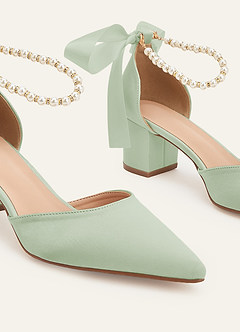 front Matching Color Matte Satin Pearl and Bow Pointed Toe Block Heels