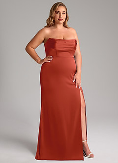 Azazie Saige Bridesmaid Dresses Rust Sheath Off the Shoulder Stretch Satin Dress image17