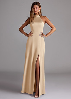 Azazie Myra Bridesmaid Dresses Champagne A-Line Side Slit Stretch Satin Dress image3