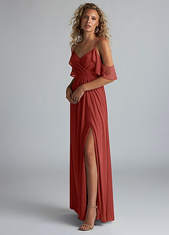 Azazie Fiena Final Sale Terracotta A-Line V-neck Ruched Mesh Dress image2