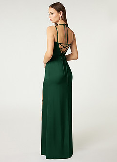 Azazie Desi Bridesmaid Dresses Dark Green Sheath Halter Corset Stretch Satin Dress image9