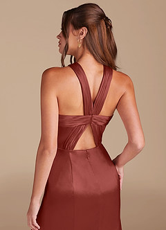 Azazie Rue Bridesmaid Dresses Terracotta Sheath Pleated Metallic Satin Dress image6