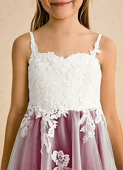 Azazie Coraline Flower Girl Dresses Ivory Mulberry A-Line Lace Dress image6