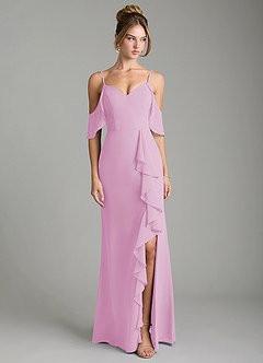 Azazie Alexys Bridesmaid Dresses Candy Pink Sheath Off the Shoulder Chiffon Dress image1