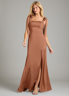 Azazie Frostine Bridesmaid Dresses Bronzer A-Line Bow Stretch Satin Dress image4
