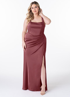 Azazie Mero Bridesmaid Dresses Desert Rose Sheath Pleated Stretch Satin Dress image6