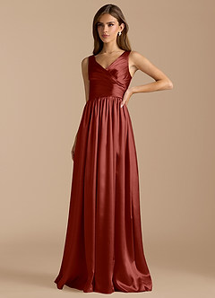 Azazie Keyla Bridesmaid Dresses Terracotta A-Line Pleated Metallic Satin Dress image5