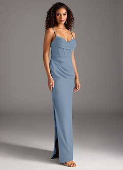 Azazie Mai Final Sale Dusty Blue Sheath Pleated Stretch Crepe Dress image4