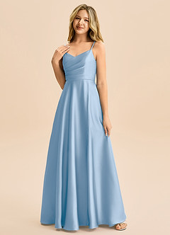 Azazie Rumi Junior Powder Blue A-Line Pleated Stretch Satin Dress image3