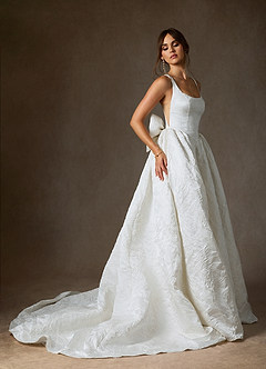 Azazie Skylin Wedding Dresses Diamond White Champagne Ball-Gown with Pockets Floral Jacquard Dress image5