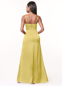Azazie Maci Bridesmaid Dresses Canary A-Line V-Neck Pleated Stretch Satin Dress image2