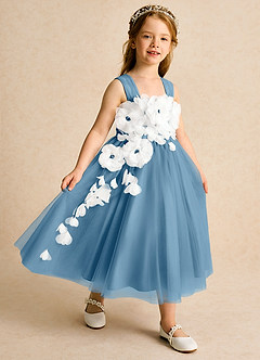 Azazie Dovey Abiti da Ragazza di Fiori Abito Principessa in Tulle Fiocco Blu Acciaio image6