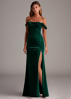 Azazie Saige Bridesmaid Dresses Emerald Sheath Off the Shoulder Velvet Convertible Dress image3