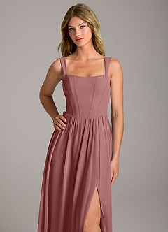 Azazie Rosaline Bridesmaid Dresses Desert Rose A-Line Side Slit Chiffon Dress image2