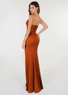 Azazie Yola Bridesmaid Dresses Burnt Orange Sheath V-Neck Pleated Stretch Satin Convertible Dress image4