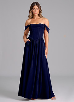Azazie Hattie Bridesmaid Dresses Dark Navy A-Line Ruched Velvet Dress image1