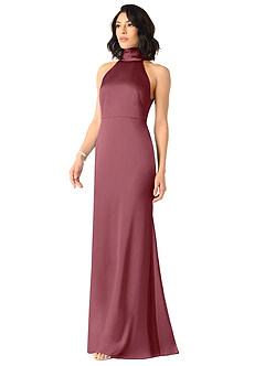 Azazie x Delaney Bridesmaid Dresses Desert Rose Sheath High Neck Stretch Satin Dress image2