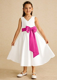 Azazie Darling Flower Girl Dresses Ivory Fuchsia A-Line Bow Cotton Dress image2