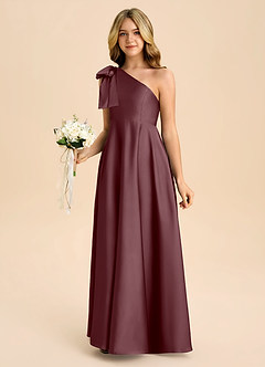 Azazie Penguin Junior Sangria A-Line Bow Stretch Satin Dress image5