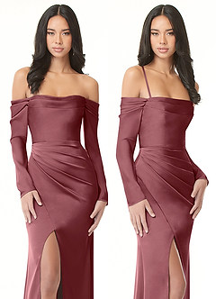 Azazie Hallie Bridesmaid Dresses Desert Rose Sheath Off-The-Shoulder Long Sleeve Stretch Satin Convertible Dress image9