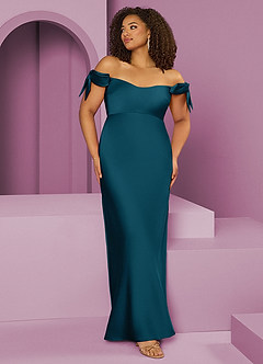 Barbie ♥ Azazie Bridesmaid Dresses Ink Blue Sheath Off the Shoulder Stretch Satin Convertible Dress image8