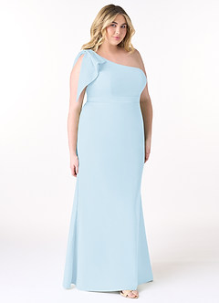 Azazie Rinna At-home Try On Dresses Sky Blue Mermaid One Shoulder Stretch Crepe Dress image7