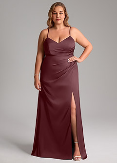 Azazie Azuree Bridesmaid Dresses Sangria A-Line Pleated Stretch Satin Dress image11