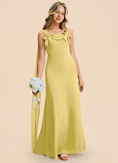 Azazie Chelsea Junior Canary Sheath Pleated Stretch Satin Dress image3
