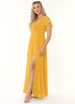Azazie Rylee Bridesmaid Dresses Marigold A-Line Pleated Chiffon Dress image3