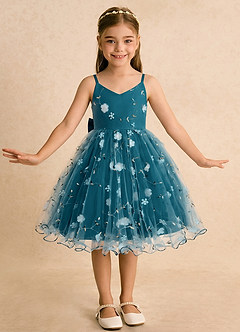 Azazie Junebug Flower Girl Dresses Ink Blue Ball-Gown Spaghetti Strap Tulle Dress image3