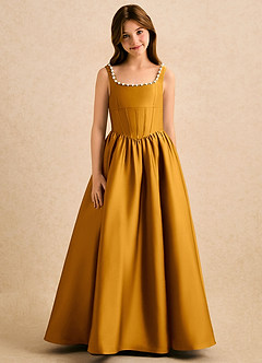 Azazie Enid Girls Formal Blomsterpigekjoler A-Line Perlebesat Stræk satin Gulv-længde Kjole image5
