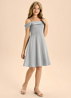 Azazie Anselie Junior Jurk van Stretch Satijn met A-Lijn Geplooid Zilver image6