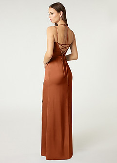 Azazie Desi Bridesmaid Dresses Copper Sheath Halter Corset Stretch Satin Dress image5