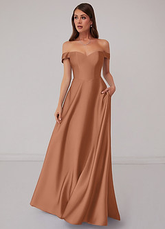 Barbie ♥ Azazie Brautjungfernkleider Wandelbar A-Linie Schulterfrei Stretch-Satin Kleid Bronzer image2