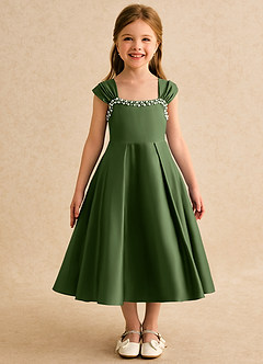 Azazie Yosemite Flower Girl Dresses Olive Ball-Gown Sweetheart Neckline Matte Satin Dress image4